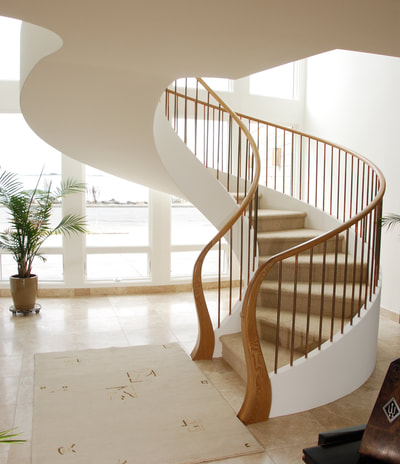 Curved, circular woodwork, stairway, handrail. Sebastopol, Santa Rosa, Sonoma CA
